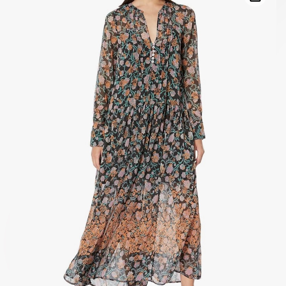 Free People Black Floral Maxi Dress with Teal and Rust Accents